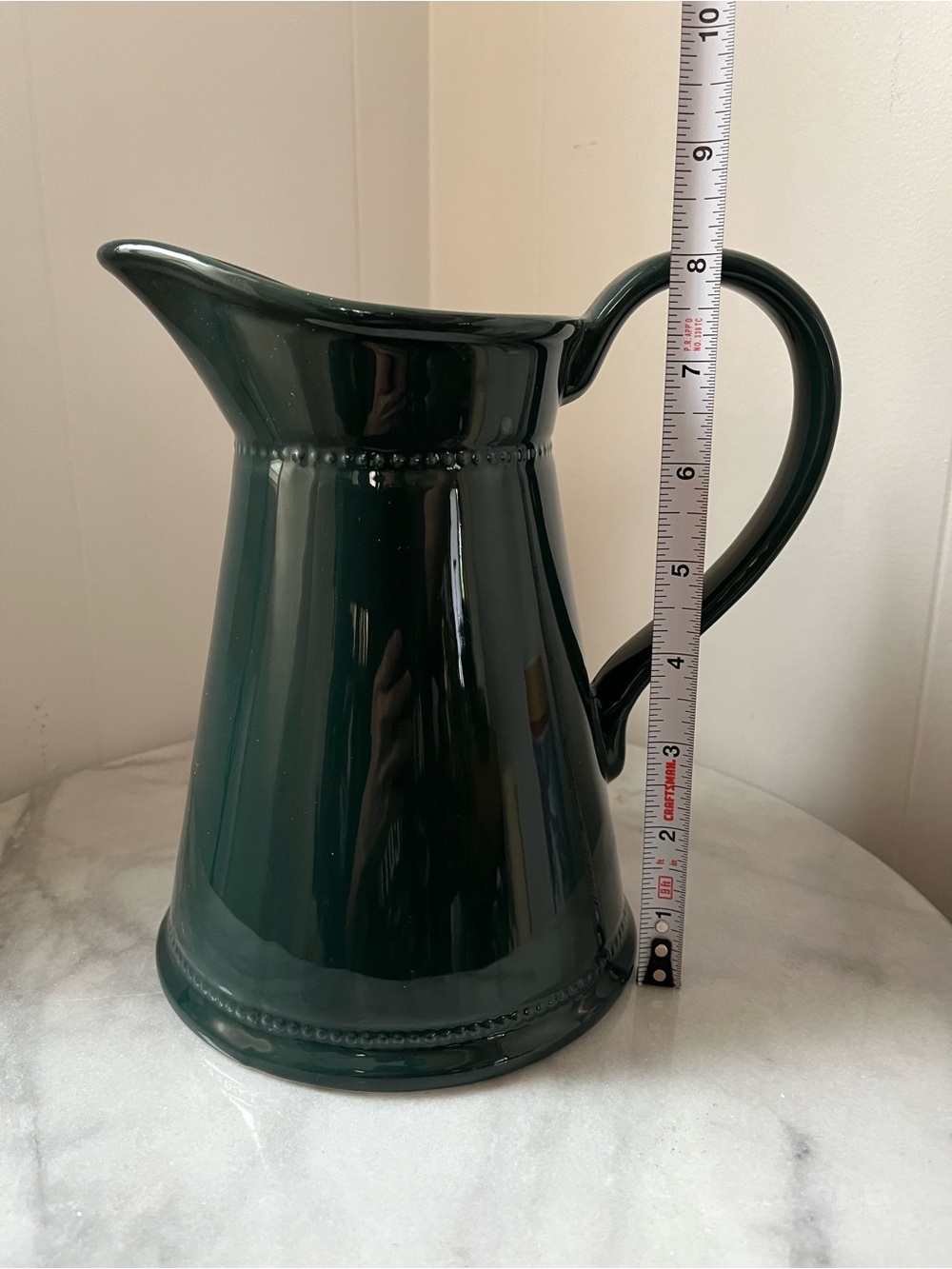 Vintage Martha Stewart Beaded Trim Forest Green Ceramic Pitcher Dark Farmhouse - Picture 9 of 10
